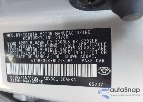2006 Toyota Camry Le from USA, damaged, VIN 4T1BE32KX6U724964